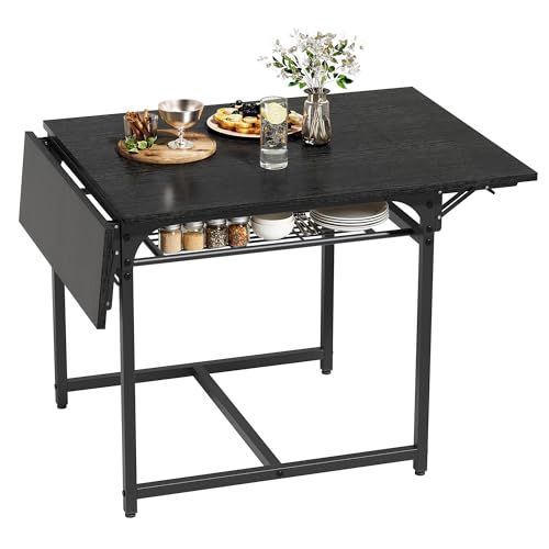 YITAHOME Mesa de Comedor Plegable, Mesa de Hoja de Gota Extensible con Estante de Almacenamiento y 4 Patas Ajustables, Asientos 2 6 Personas, 120 x 78 x 75 cm, Negro