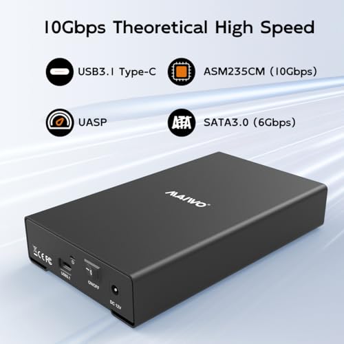 Image of MAIWO Hard Drive Enclosure for 2.5 3.5 inch SATA HDD SSD Aluminum, USB3.1 GEN2x1 10Gbps with UASP, 24TB Capacity, USB-C to External Hard Disk Adapter Reader Case