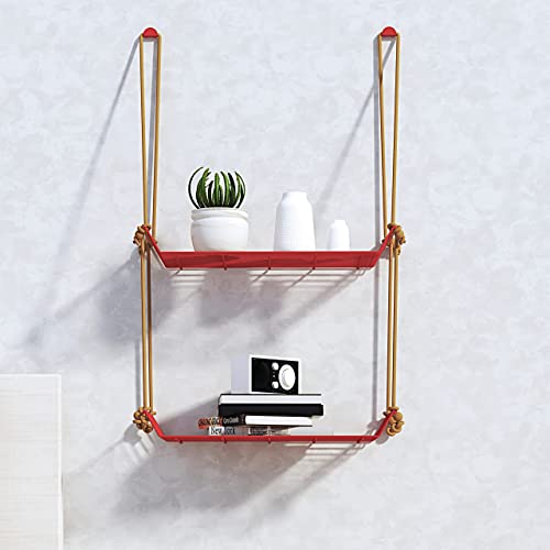 Image of Meshable Weebill 2-Tier Wall Hanging Metal Wall Shelf with Jute Rope, Home Decor Wall Shelves and Storage Racks with Elegant Design Ideal for for Balcony and Terrace, Standard Size - Red