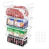 Gemsaya 4 Pack Chest Freezer Baskets, Stackable Freezer Organiser with Handles, Deep Fridge Organizer Bins with Handles, Wire Storage Basket for 198L Sort Frozen Foods (White)