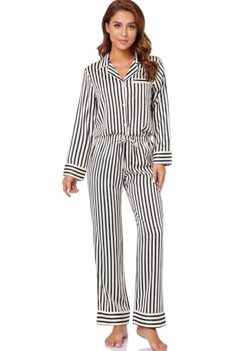 Image of Serenedelicacy Women's Satin Pajama Set Long Sleeve Button Down Sleepwear 2-Piece Silky Pj Set