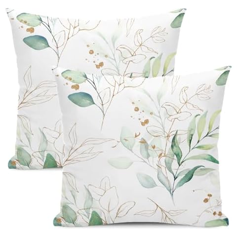 AEIOAE Spring Sage Green Leaves Pillow Covers 18x18 Inch Set of 2,Watercolor Eucalyptus Floral Throw Pillows Case,Golden Print Decorative Square Cushion Covers Outdoor Leaf Decor for Home Sofa Bed Cover
