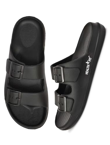 Image of HEALTH FIT Extra Soft Premium Classic Cushion Sliders /Slippers with Adjustable Buckle Strap & Light Weight Anti-SkidWaterproof Flip Flops for Men's HF150