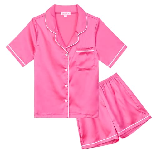 QPANCY Satin Kid Pajamas Big Girls Silk Pjs Set Boys Sleepwear Button-up Lounge Sets Red Short Sleeve Nightwear Size 10 11
