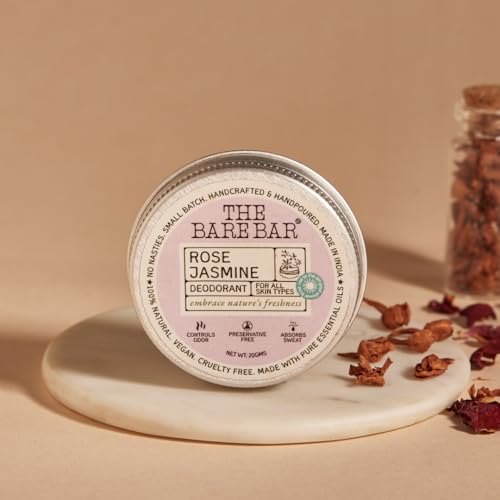 Image of The Bare Bar Rose Jasmine Deodorant - 20 gm | Floral Fragrance| Odor & Sweat Control | Natural formula and Chemical free| Good for all skin types | Travel Mini Size Solid Deodorant for Men & Women