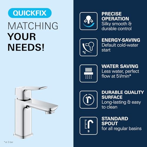 GROHE Dice Mitigeur monocommande Lavabo Taille S (Robinet pour Lavabo de Salle de bain, Avec bonde clic clac, facile à installer avec QuickTool inclus, Economie d'eau), Chrome, 1018610000