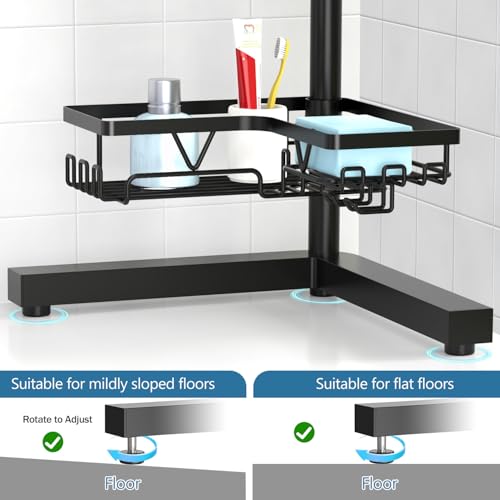 Image of KEGII Floor Shower Caddy Standing - 4-Tier Corner Shower Organizer with Hooks & Soap Holder, Free-Standing Bathroom Storage Rack for Shampoo & Toiletries, Black