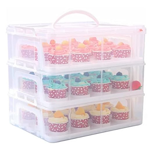 ATRDTO 3-Tiers Stack Carry Storage Box With Handle, Transparent Stackable Storage Bin With Handle Lid Latching Storage Container for Holds 36 Cupcakes or 3 Large Cake (Style A)