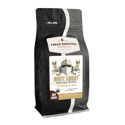 Fresh Roasted Coffee, Organic White Knight Drip Ground Coffee, Light Roast, USDA Organic, Kosher, 12 oz