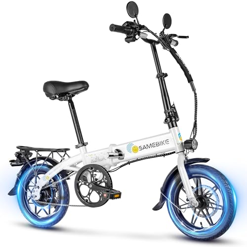 SAMEBIKE 14インチ 折りたたみ式 電動アシスト自転車 コンパクト 内蔵式バッテリー 軽量 ユニセックス 成人用 男性 女性 5段階アシスト プレゼント 通勤 通学 アウトドア ミニベロ 折りたたみ簡単 収納便利 泥除け ライト バックミラ【ホワイ