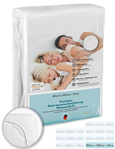 Luxusfeder - Matratzenschutz wasserdicht 180x200 cm - Matratzenschoner Öko-Tex - Bester Nässeschutz - Sanitizedu00ae Hygieneschutz gegen Milben, Bakterien - optimal für Allergiker - atmungsaktiv