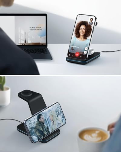 Image of Wireless Charger for iPhone Charging Station: 3 in 1 Phone Charger Stand for iPhone 17 /16 /15 /14 /13 /12 /11 /SE /X Pro Max Plus - Apple Watch 11 /10 /9 /Ultra 2 /8 /SE /7 /6 /5 - AirPods 4 /Pro 2 /3