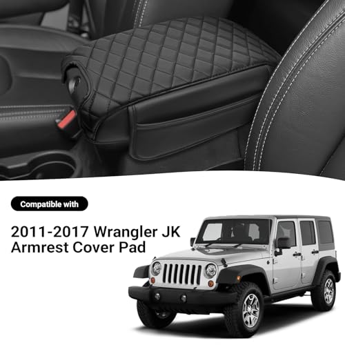 Image of Center Console Armrest Cover Compatible with 2011-2017 Jeep Wrangler JK Accessories Black Leather Arm Rest Lid Protector with Storage Pockets