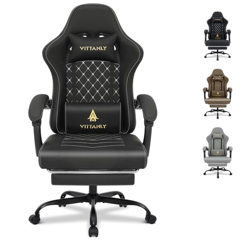 Vittanly Gaming Stuhl mit Frühling Kissen, Ergonomischer Gaming Chair Gamer Stuhl mit Kopfstütze, Lendenkissen und Fußstütze, Höhenverstellbarer Drehbarer Gaming Sessel Bürostuhl 150 kg, Schwarz