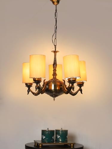 Image of Devansh 05-Light Conical Off-White Cotton Shade Chandelier - Antique Golden Finish | Adjustable Cord | Warm Glow Lamp - Ceiling Light for Living Room, Dining Area, Bedroom & Entryway Decor - D2