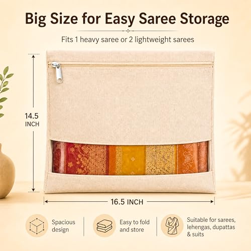 Image of EIGHTIZ (Pack of 10) Saree Covers for Wardrobe Transparent Clothes Storage Bags for Saree, Blouse, Dress, Multipurpose Non-Woven Zip Pouch Organizer,Travelling Storage (16 x 14 in,Beige)