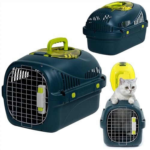 Peluvio SAFY Trasportino Rigido per Gatti e Cani fino a 5 kg per Auto, Ventilato, Facile da Pulire, con Apertura Superiore per Controllo, Maniglia, Porta in Metallo con Doppia Sicura e Ciotola Inclusa
