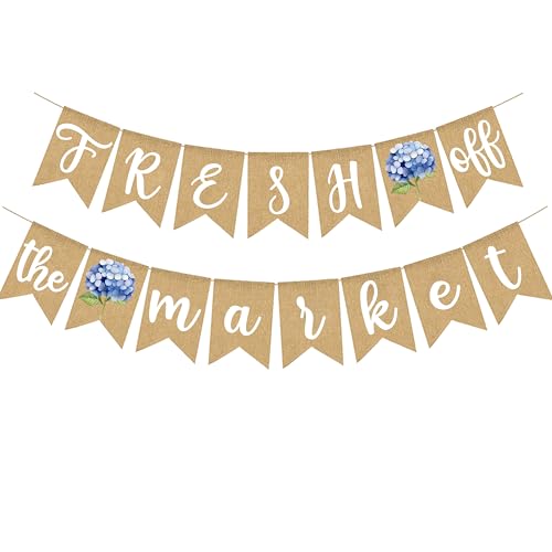 Image of Fresh Off The Market Bridal Shower Banner Farmer's Floral Bachelorette Party Supplies Blue Hydrangea Burlap Garland