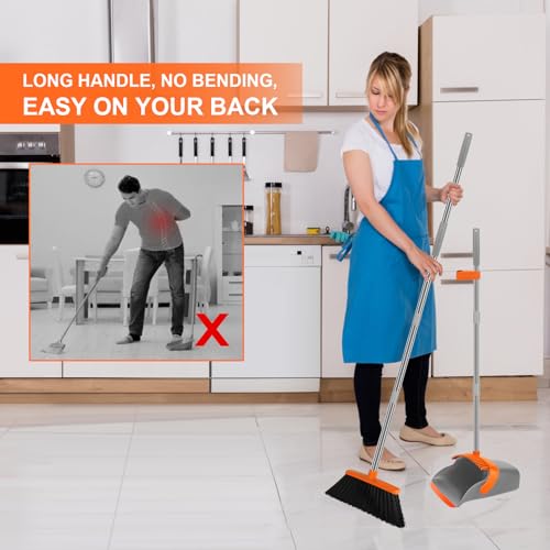 Image of Broom and Dustpan Set for Home,Standing Dustpan with 55 inch Long Handle, Orange Broom with Dustpan