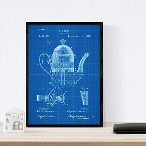 Nacnic Patent Poster with Coffee 1. Foil with old design patent in A3 size with blue background, Coffee Maker 1, 42L x 29.7W cm - Image 2