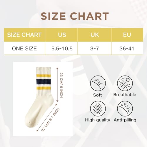Image of Vintage Striped Crew Socks Slouchy Calf Tube Socks for Women and Men | Retro Athletic Mid-Calf Socks, Stretchy Knit Casual Comfort for Running Golf Tennis Volleyball & Daily Wear