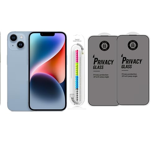 Image of Edge To Edge Privacy Tempered Glass Screen Protector Compatible With iPhone 14 Plus, 9H Hardness, Anti-Fingerprint, FHD Clear With Cable Protector Pack 2