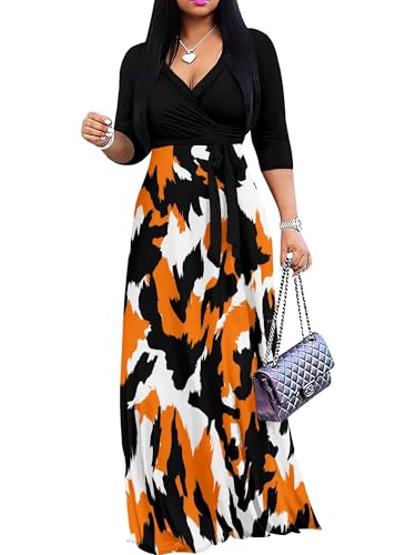 Image of PinkPatty Plus Size Dresses for Curvy Women V Neck Flowy Long Sleeves Wrap Maxi Dress Travel Vacation Outfits