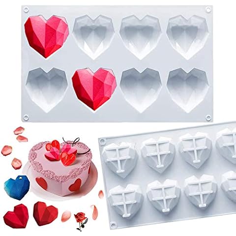 Uhat Silicone Mold 3D Heart High Circle Ball Double Layer Cherry Shape Bakeware Mold Chocolate Soap Cake Dessert (8 Cavity 3D Diamond Heart Shape) Cover