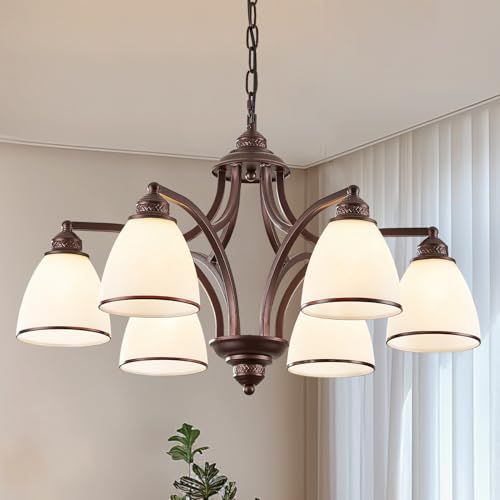 6-Light Oil Rubbed Bronze Farmhouse Chandelier Light Fixture for Kitchen Antique Matte Brown Ceiling Hanging Lamp Adjustable 47" Max Pendant Light for Dining Room Table, Island, Entryway, Living Room