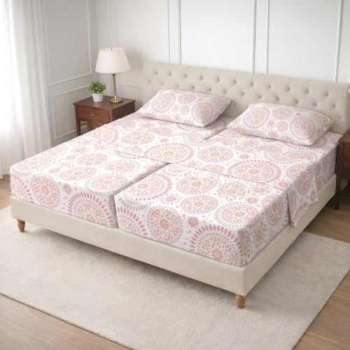 Image of SGI Split King Sheet Set for Adjustable Bed Egyptian Premium Cotton 600 Thread Count Sheets for Sleep Number Bed 15 inch Deep Pocket 5 Pc Set with 2 Twin XL Fitted Sheets Soft Breathable - Boho Mandala
