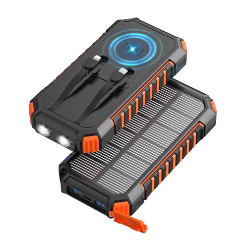 Fandealo Wireless Solar Power Bank – 27000mAh 22,5W Powerbank with 2 Kabeln – PD QC 3.0 USB-C Schnell Ladeausgang Solar Ladegerät – 2 Taschenlampen Externes Akku for Smartphone, Tablet, Camping