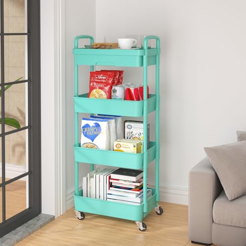 Image of Calmootey 4-Tier Utility Cart with Drawer & Wheels, Storage for Home,Office | Space-Saving Organizer, Sturdy Plastic Shelves, Smooth-Rolling Metal Wheels, Built-in Drawer for Small Items, Green