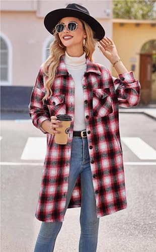 Women's Plaid Shirt Shacket Jacket 2025 Casual Button Down Long Sleeve Tartan Long Lapel Woolen Coats with Pockets3