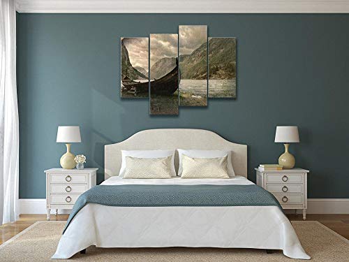 Old Viking Boat in Gudvangen Village Near Flam, Norway Canvas Wall Art Hanging Paintings Modern Artwork Abstract Picture Prints Home Decoration Gift Unique Designed Framed 4 Panel