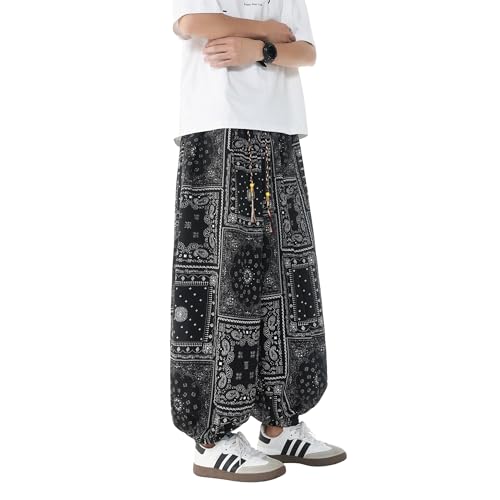 Tripleberly Harem Pants Men Casual Summer Pants Loose Fit Baggy Wide Leg Elastic Drawstring Waist Boho Hippie Trousers4