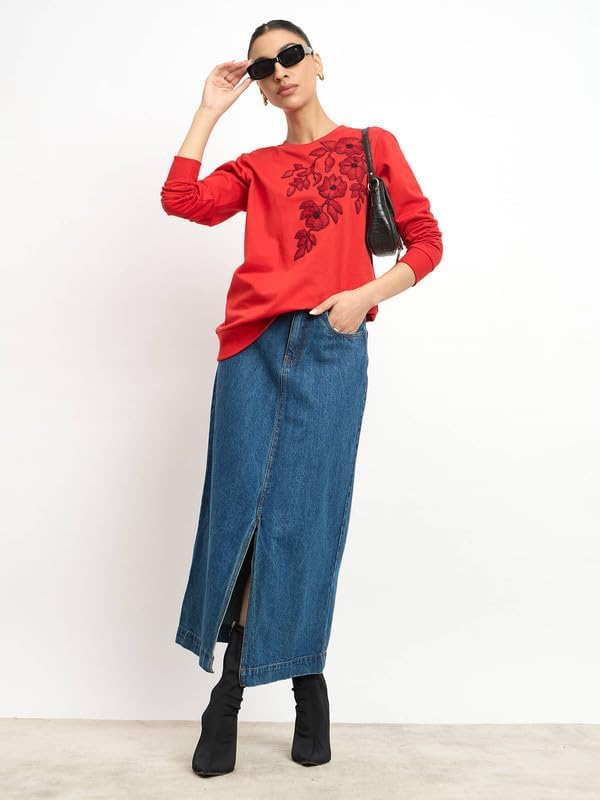 Astrid Red Embroidered Sweatshirt - Wool, Full Sleeves, Pull-On Closure, Machine Washable, Elegant Red Design - Image 5