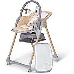 Trona Hamaca Toysrus Kinderkraft LASTREE Trona Bebé de madera evolutiva plegable, Hamaca para bebés con Arco 2 juguetes, Asiento reposapiés ajustable, Posición tumbada, Beige