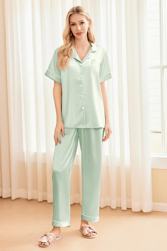 Image of Ekouaer Silk Pajamas for Women Set Satin Soft Short Sleeve Button Down Pjs | 3 Piece Loungewear,Comfy Sleepwear,Silky Smooth Fabric,Gift for wedding,Bridal Party,Coffee Time,Vacation