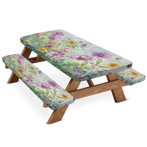 Tablerazzi Watercolor Floral Plant Picnic Table Cover with Bench Covers, Fitted Camping Tablecloth with Elastic Edges, Outdoor Waterproof Rectangle Table Cloth, 72x30 Inch 3 Pcs Set