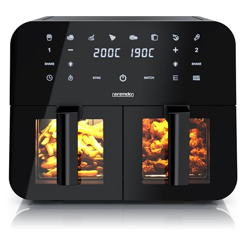 Arendo - Dual Zone Heißluftfritteuse 9L - mit 2 Kamern - XXL Kapazität 2 Fächer – Sichtfenster...