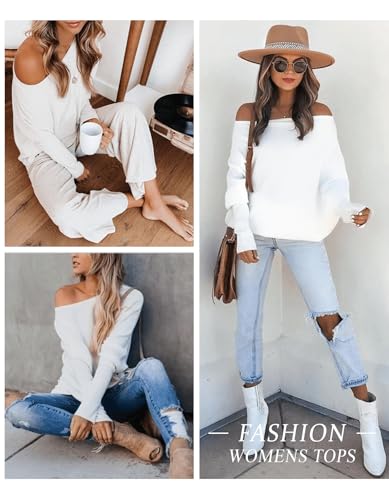 Image of Aifer Women's Off The Shoulder Tops Sexy Long Sleeve Shirts Oversized Fashion Casual Batwing Sweaters Pullover Tunic Tops