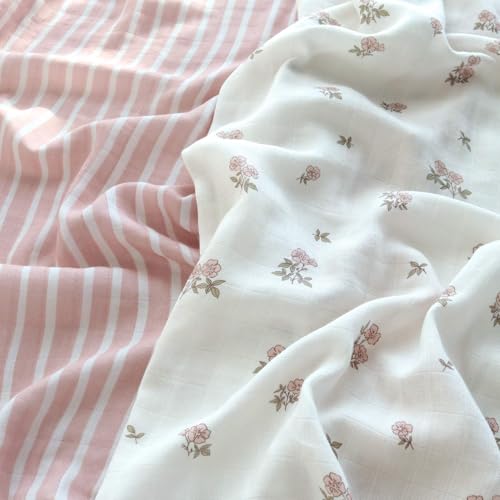 Image of LifeTree Baby Swaddle Blankets, Boys Girls Muslin Swaddling Wrap Receiving Blanket for Newborn, 70% Viscose from Bamboo and 30% Cotton, Large 47 inch x 47 inch, Pink Floral and Stripe