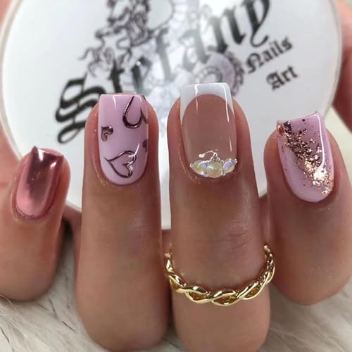 GXOIPNS Press on Nails Short Square Fake White French Tip False with Heart Designs Pink & Nude Acrylic Glossy Artificial Gold Glitter Rhinestones Glue for Women 24Pcs