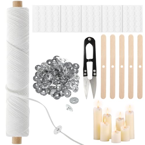 61m Kerzendocht, Kerzendochte f&uuml;r Kerzen Dochte f&uuml;r Kerzen mit 100 St&uuml;ck Dochtaufkleber und Metallbasis, 5 Dochthalter, Kerzendocht Dick Rolle Candle Wick f&uuml;r Weihnachten Kerzen Hochzeit DIY Duftkerz