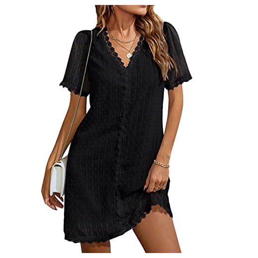 Vestido de Encaje para Mujer Elegante Vestido de Cóctel con Cuello en V Punteado Vestidos Cortos Vestido de Verano Vestidos de Ocio Vestido Casual sin Mangas Vestido de Fiesta Suelto para(XXL-Negro)