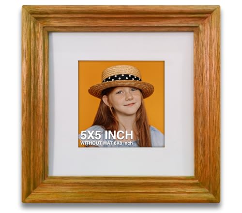 Image of 5 x 5 inch Wooden Photo Frame with Mat, Orange Photo Frame 5 x 5 inch with Mat or 8 x 8 inch without Mat for Wall Decoration, Best Wooden Photo Frame for Posters and Photos