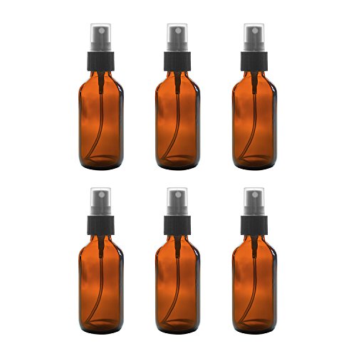2 oz Amber Boston Round Glass Bottle with Fine Mist Sprayer Dispenser for Essential Oils, Chemistry Lab Chemicals, Colognes & Perfumes (6 Pack)