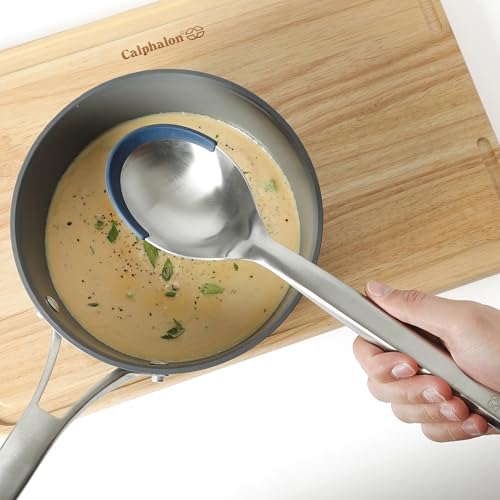 Image of Calphalon Prime Kitchen Spoon, Stainless Steel & Silicone Cooking Spoon with Navy Silicone Rim, Heat-Resistant Nonstick-Safe Spoon for Stirring, Mixing & Serving