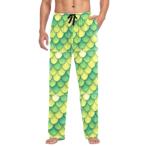 Men's Green Mermaid Scale Pajama Pants with Pockets - Straight Fit Cotton Sleep Bottoms for Lounge & Nightwear#835