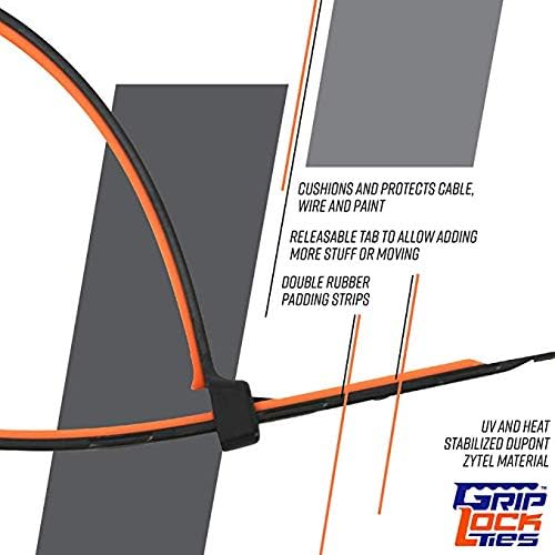 Rubber Lined, Releasable, Heavy-Duty Zip Ties, UV Rated, 8 Inch, Reusable, Black Nylon Zip Ties, Assorted Colors (Blue, Red, Orange) - GripLockTies (15, Or